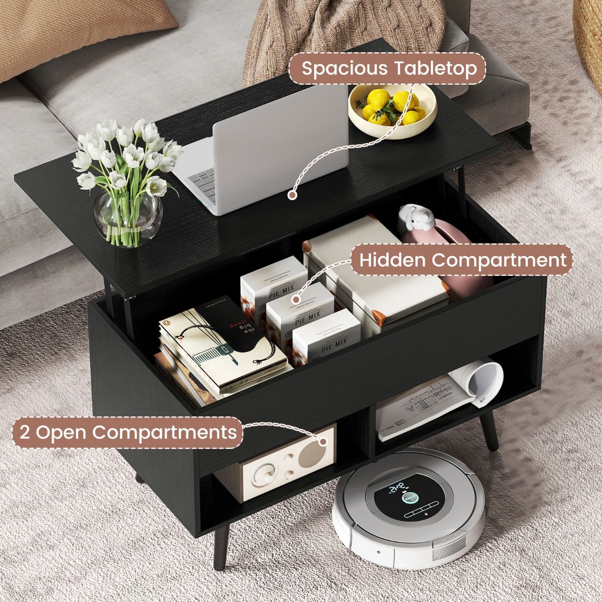 Coast Coffee Table with Raised Top - Table de salon moderne à hauteur réglable - 80 x 40 x 46-60 cm - Noir