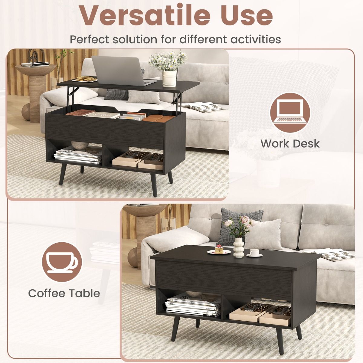 Coast Coffee Table with Raised Top - Table de salon moderne à hauteur réglable - 80 x 40 x 46-60 cm - Noir
