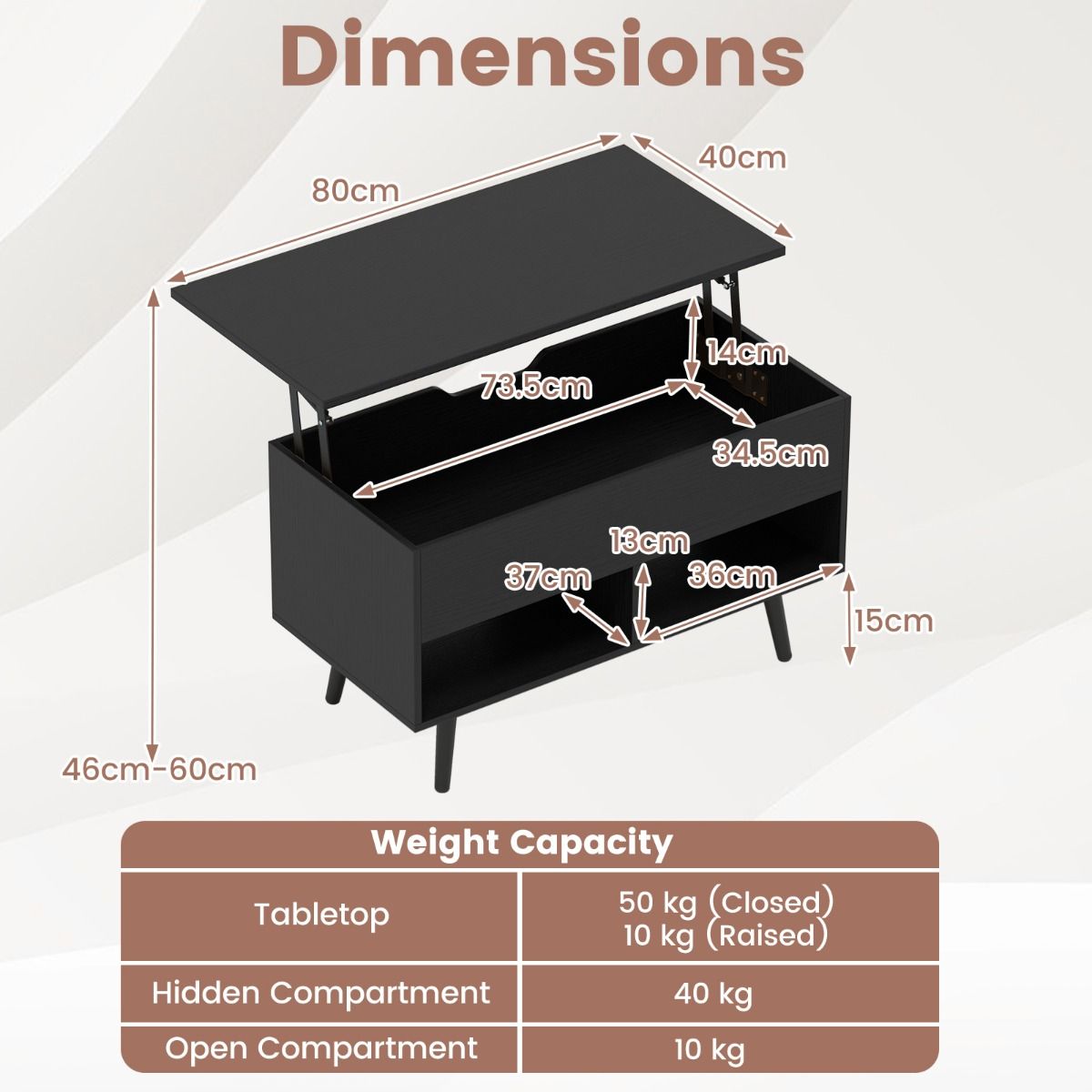 Coast Coffee Table with Raised Top - Table de salon moderne à hauteur réglable - 80 x 40 x 46-60 cm - Noir