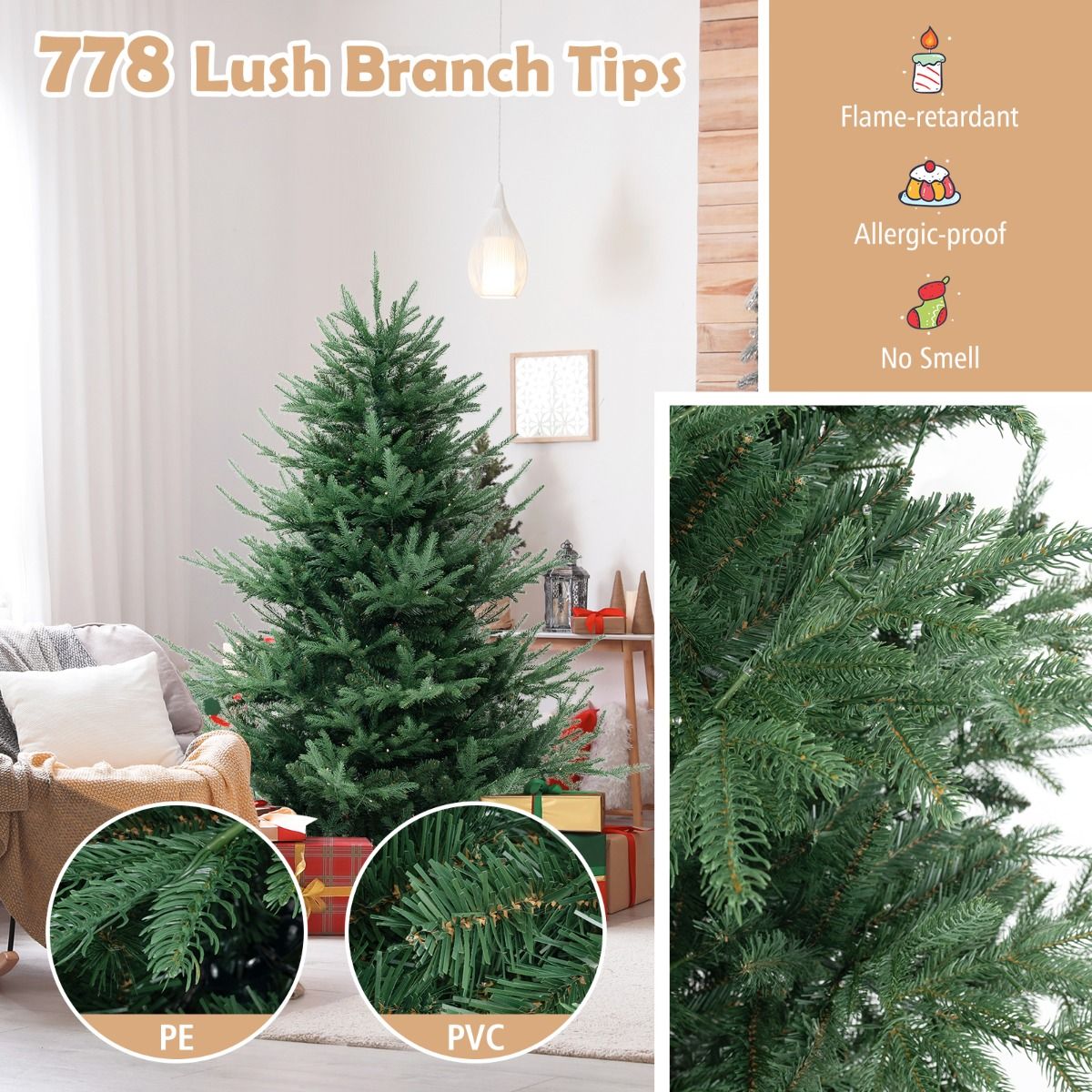 Coast Artificial Christmas Tree 180 cm Green - Hinged - Pre-light with Warm White LEDs - Metal Stand