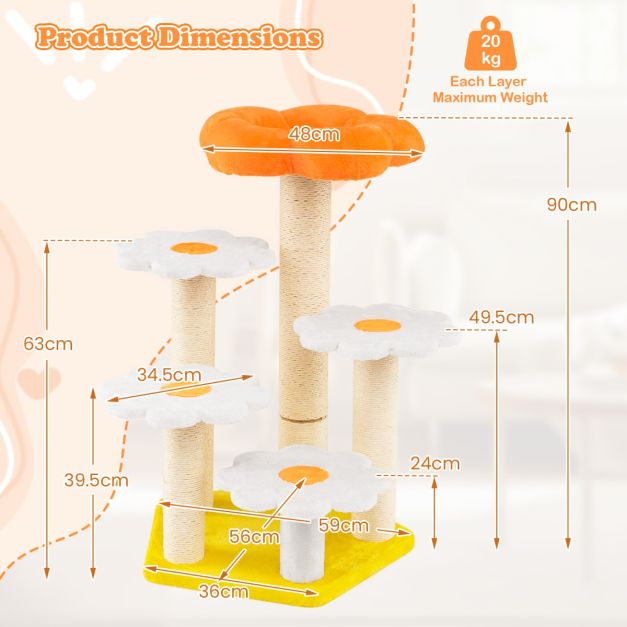 Coast Flowers Griffoir pour chat - Mignon - 90 cm - 59 x 56 cm - Plateforme de saut - Sisal - Jaune