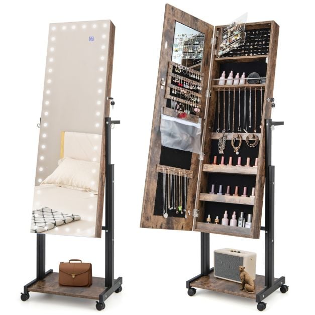 Armoire à bijoux Coast Brown - Armoire de toilette 4 en 1 sur roulettes avec LED 3 couleurs et hauteur réglable - 46 x 35 x 155-175 cm