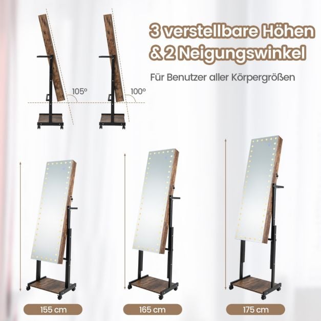 Armoire à bijoux Coast Brown - Armoire de toilette 4 en 1 sur roulettes avec LED 3 couleurs et hauteur réglable - 46 x 35 x 155-175 cm
