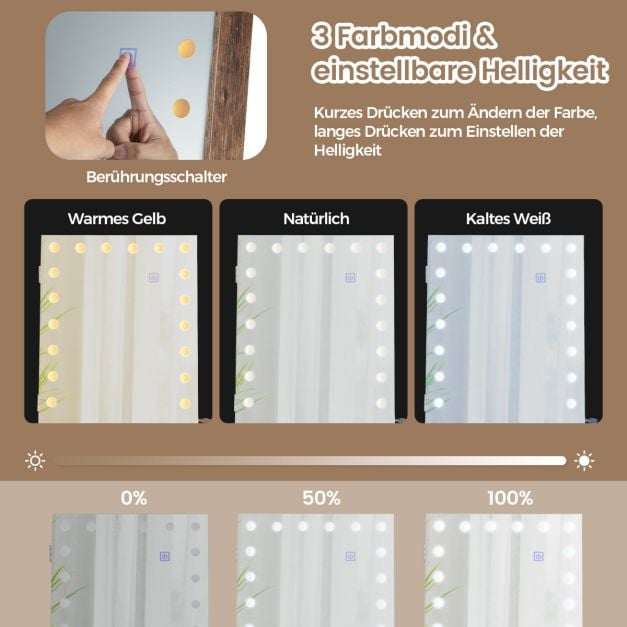 Armoire à bijoux Coast Brown - Armoire de toilette 4 en 1 sur roulettes avec LED 3 couleurs et hauteur réglable - 46 x 35 x 155-175 cm