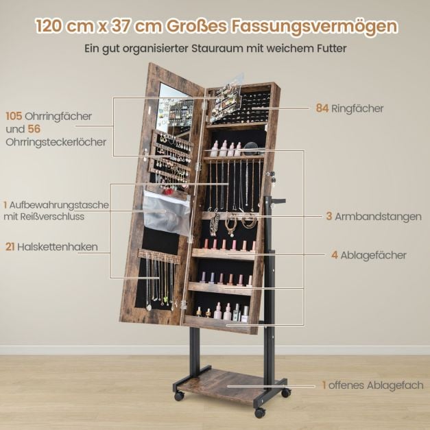 Armoire à bijoux Coast Brown - Armoire de toilette 4 en 1 sur roulettes avec LED 3 couleurs et hauteur réglable - 46 x 35 x 155-175 cm
