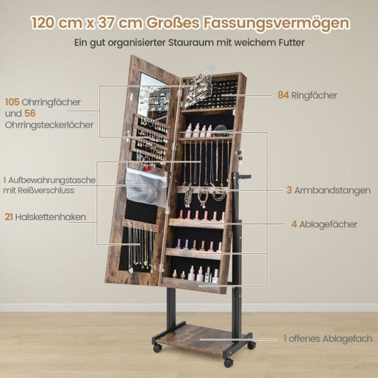 Armoire à bijoux Coast Brown - Armoire de toilette 4 en 1 sur roulettes avec LED 3 couleurs et hauteur réglable - 46 x 35 x 155-175 cm