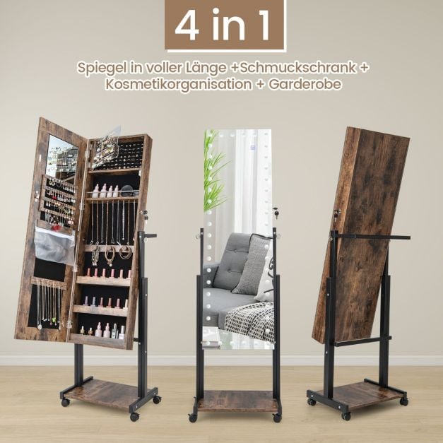 Armoire à bijoux Coast Brown - Armoire de toilette 4 en 1 sur roulettes avec LED 3 couleurs et hauteur réglable - 46 x 35 x 155-175 cm
