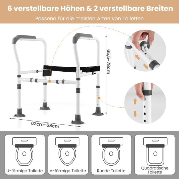 Support de toilette Coast gris/blanc - Barre de toilette réglable et pliable - 62-68 x 49,5 x 65,5-78 cm
