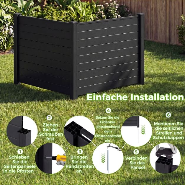 Coast Privacy Fence Clôture de jardin 2 panneaux noirs - 122 x 95 cm par panneau - avec 3 poteaux au sol