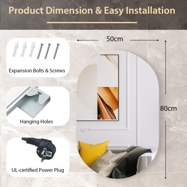 Coast Led Mirror Silver - Ovale avec anti-buée et lumière LED dimmable - 80 x 50 cm