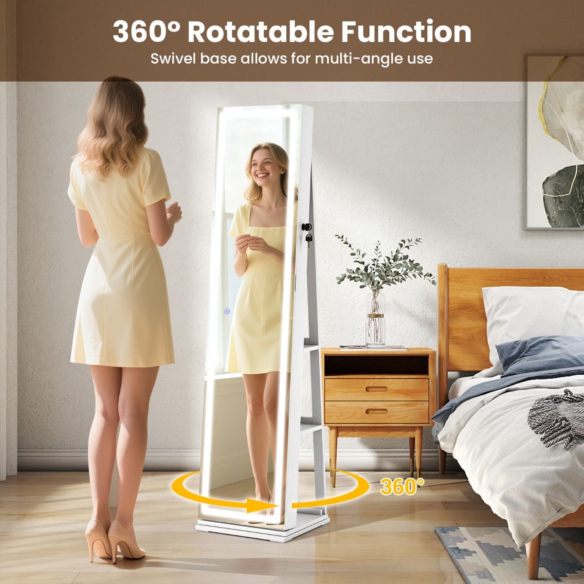 Coast Armoire à bijoux pivotante à 360° avec miroir et éclairage LED - Blanc - 43 x 38 x 160 cm