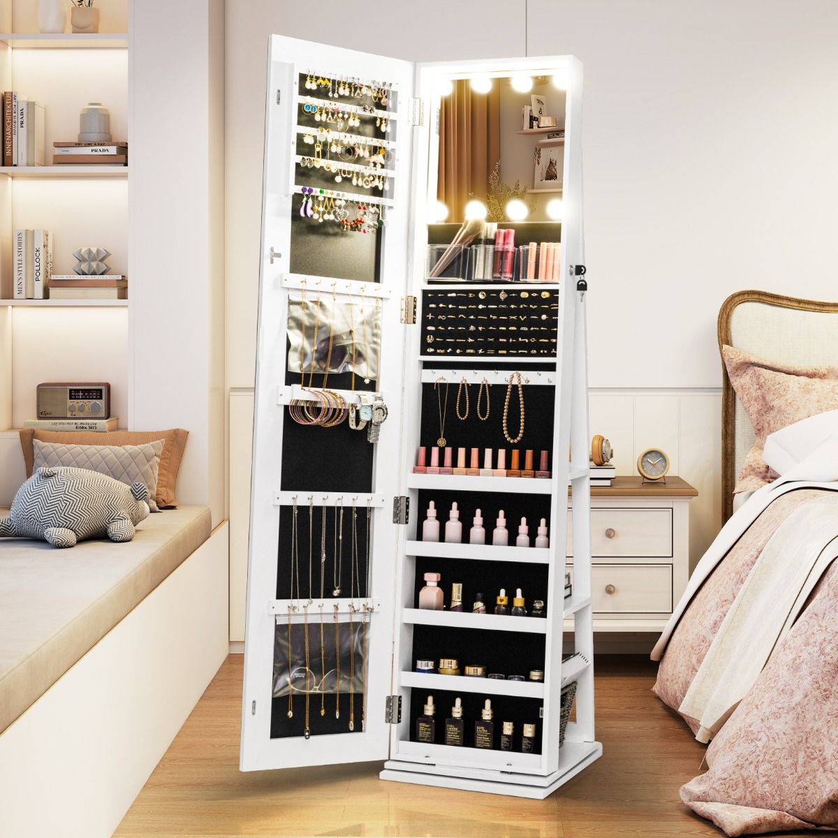 Coast Armoire à bijoux pivotante à 360° avec miroir et éclairage LED - Blanc - 43 x 38 x 160 cm