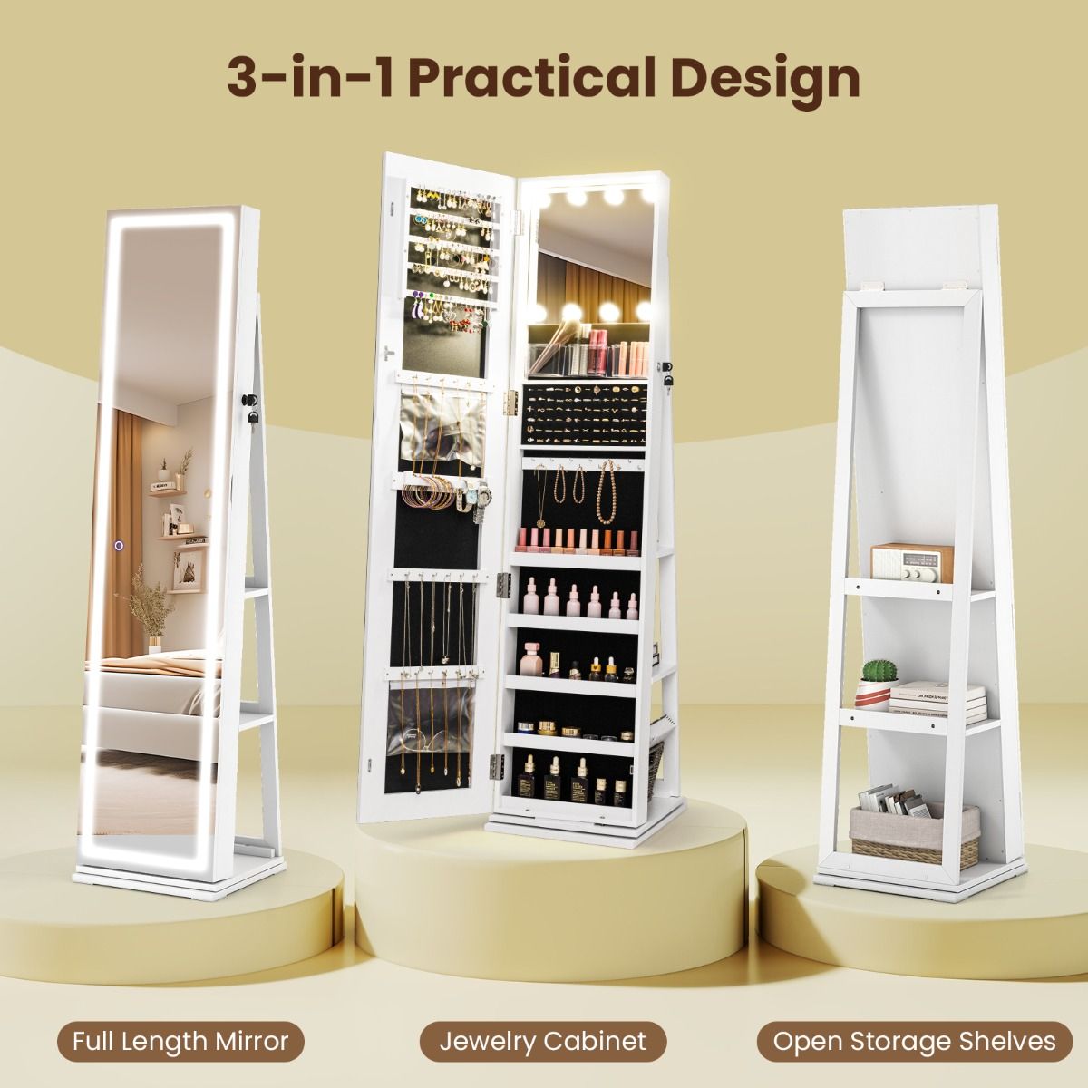 Coast Armoire à bijoux pivotante à 360° avec miroir et éclairage LED - Blanc - 43 x 38 x 160 cm