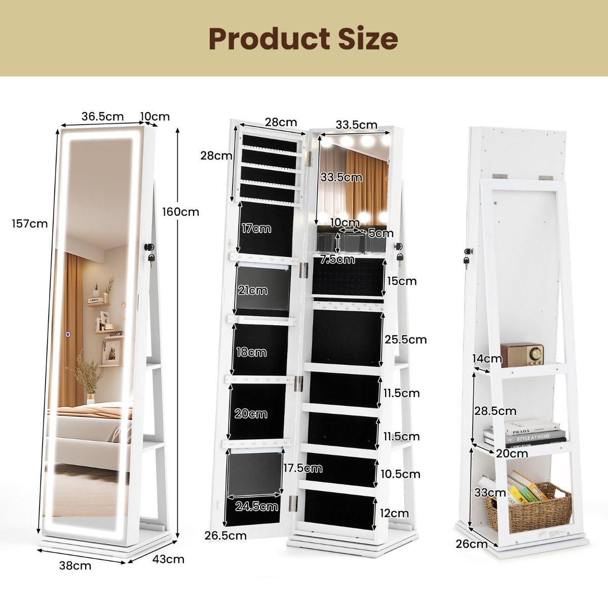 Coast Armoire à bijoux pivotante à 360° avec miroir et éclairage LED - Blanc - 43 x 38 x 160 cm