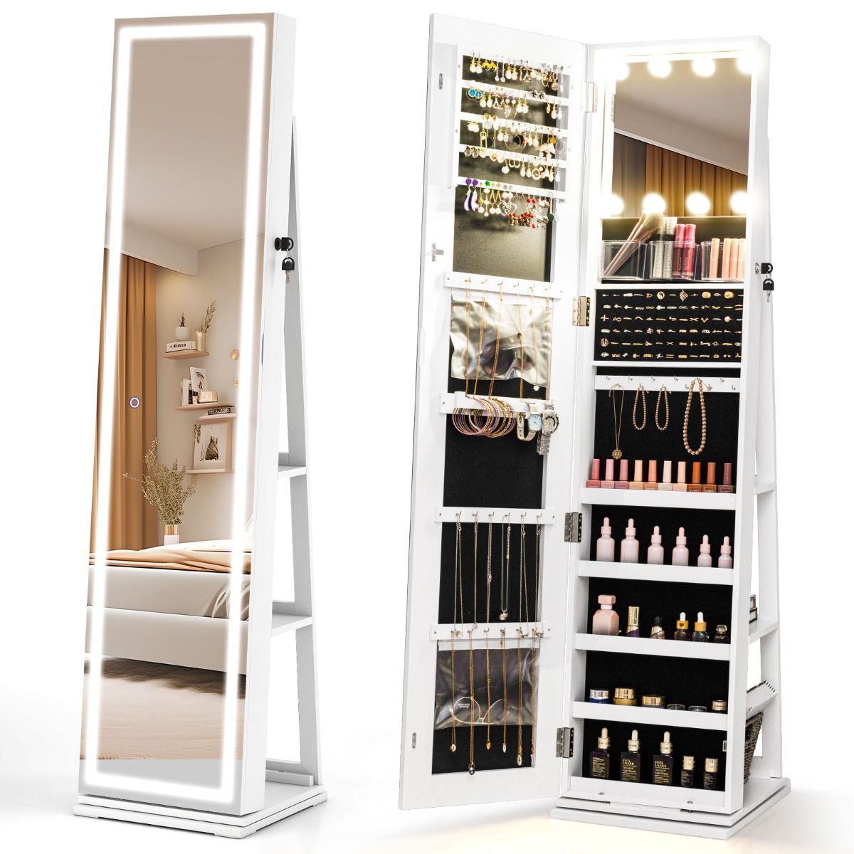 Coast Armoire à bijoux pivotante à 360° avec miroir et éclairage LED - Blanc - 43 x 38 x 160 cm
