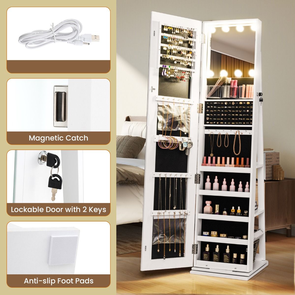 Coast Armoire à bijoux pivotante à 360° avec miroir et éclairage LED - Blanc - 43 x 38 x 160 cm