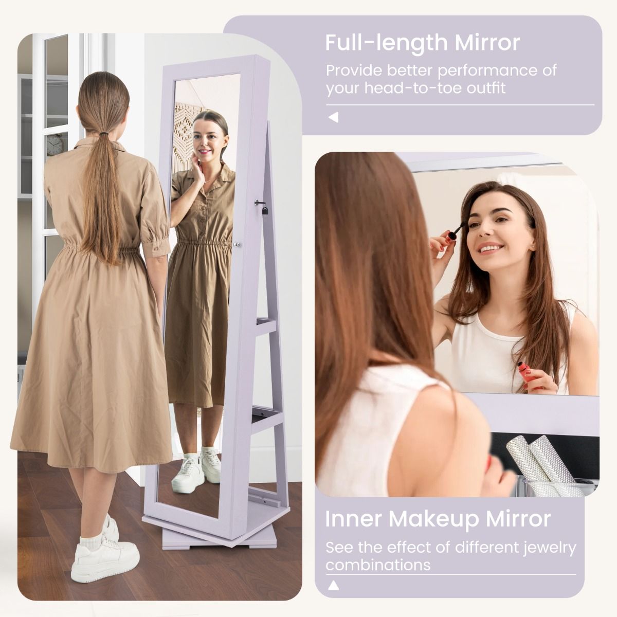 Coast Armoire à bijoux rotative à 360° avec miroir pleine longueur - verrouillable - miroir de maquillage à l'intérieur - 39 x 39 x 161 cm - violet