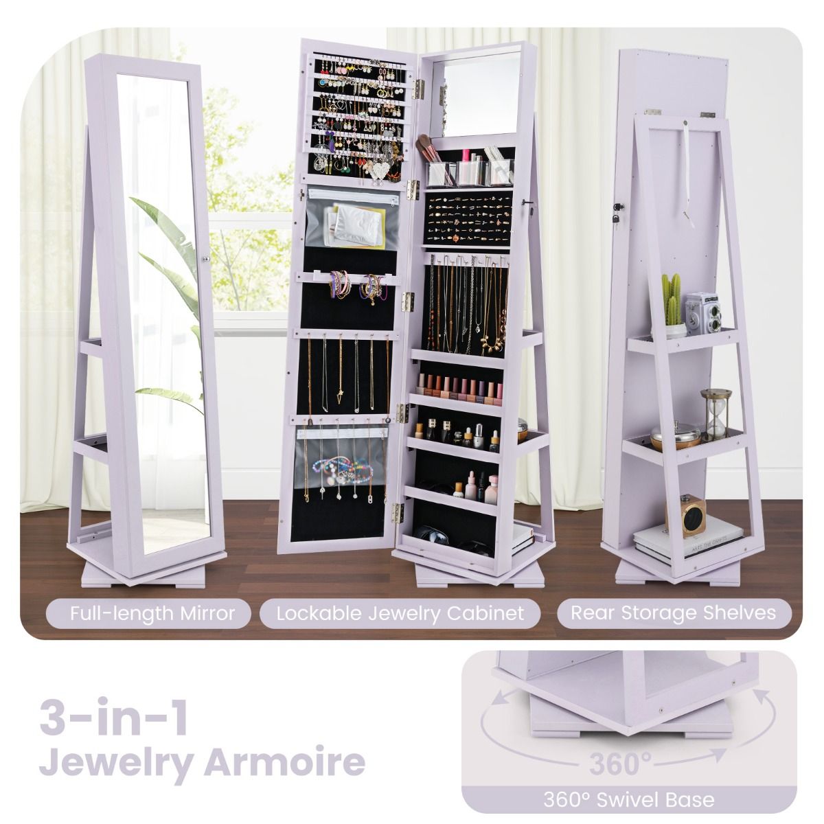 Coast Armoire à bijoux rotative à 360° avec miroir pleine longueur - verrouillable - miroir de maquillage à l'intérieur - 39 x 39 x 161 cm - violet