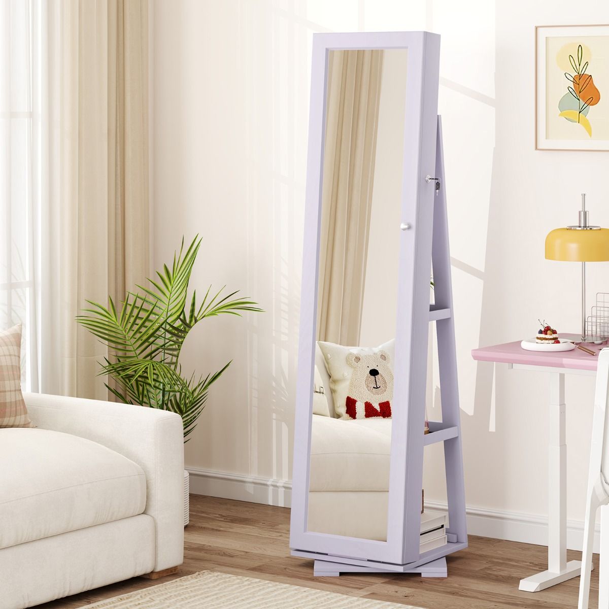 Coast Armoire à bijoux rotative à 360° avec miroir pleine longueur - verrouillable - miroir de maquillage à l'intérieur - 39 x 39 x 161 cm - violet