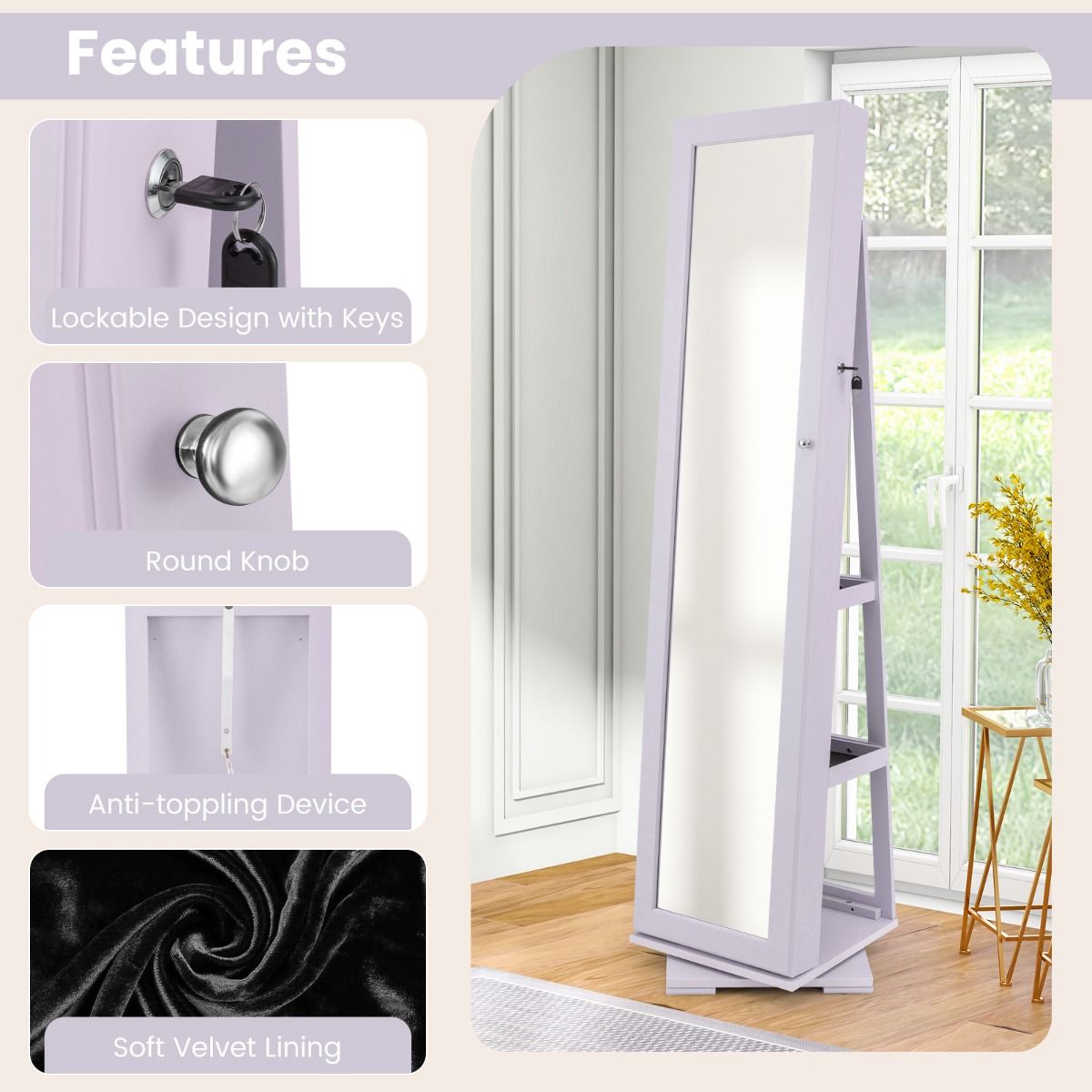 Coast Armoire à bijoux rotative à 360° avec miroir pleine longueur - verrouillable - miroir de maquillage à l'intérieur - 39 x 39 x 161 cm - violet