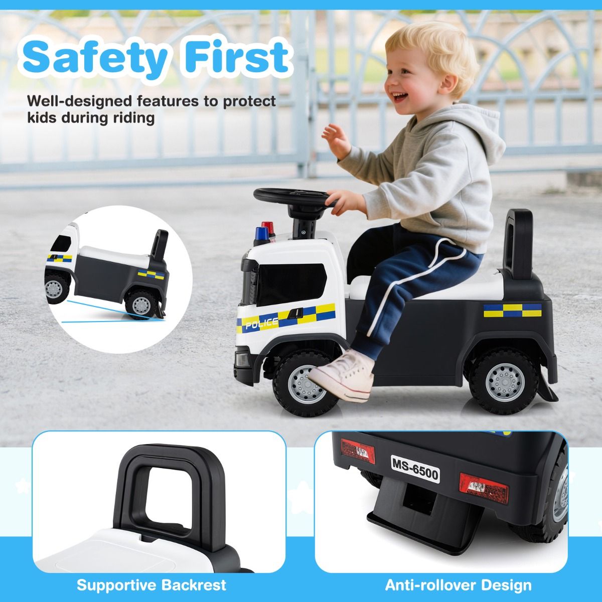 Coast 2-en-1 Voiture de marche Voiture de police avec volant et rangement - Blanc - 59 x 28 x 43 cm
