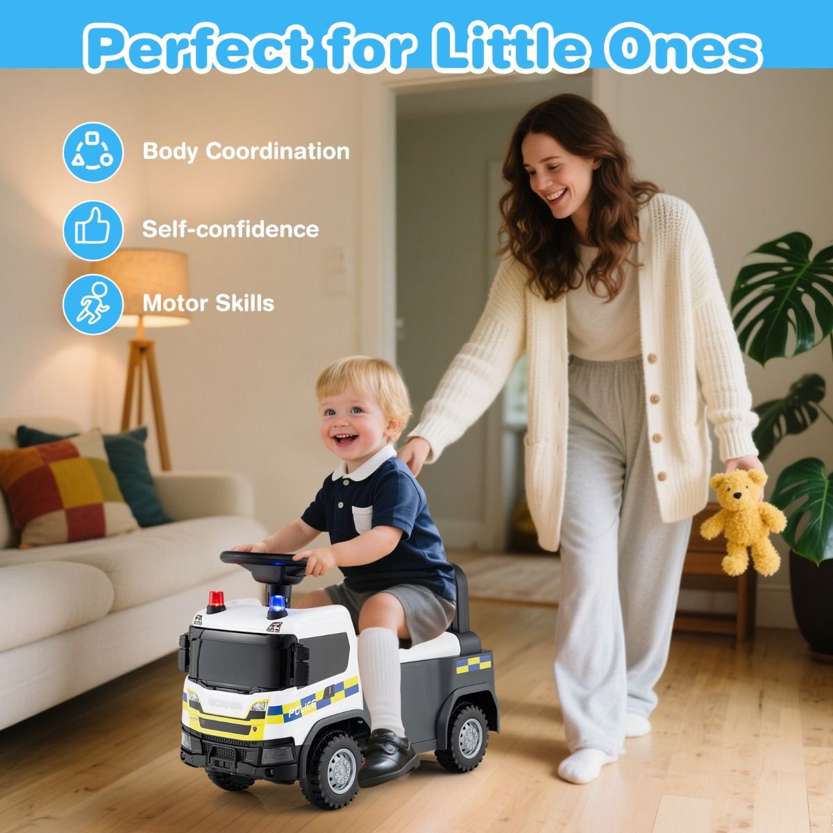 Coast 2-en-1 Voiture de marche Voiture de police avec volant et rangement - Blanc - 59 x 28 x 43 cm