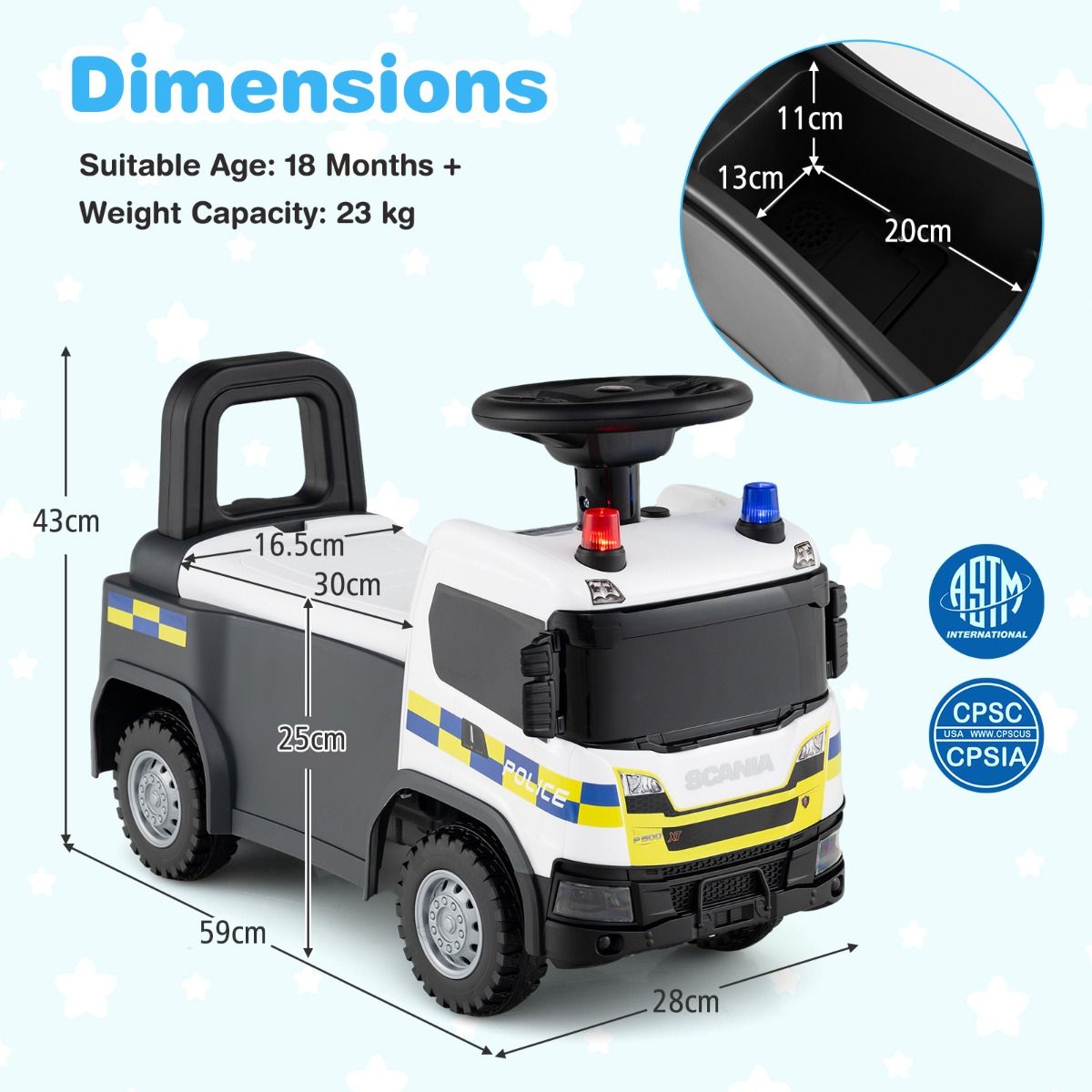 Coast 2-en-1 Voiture de marche Voiture de police avec volant et rangement - Blanc - 59 x 28 x 43 cm