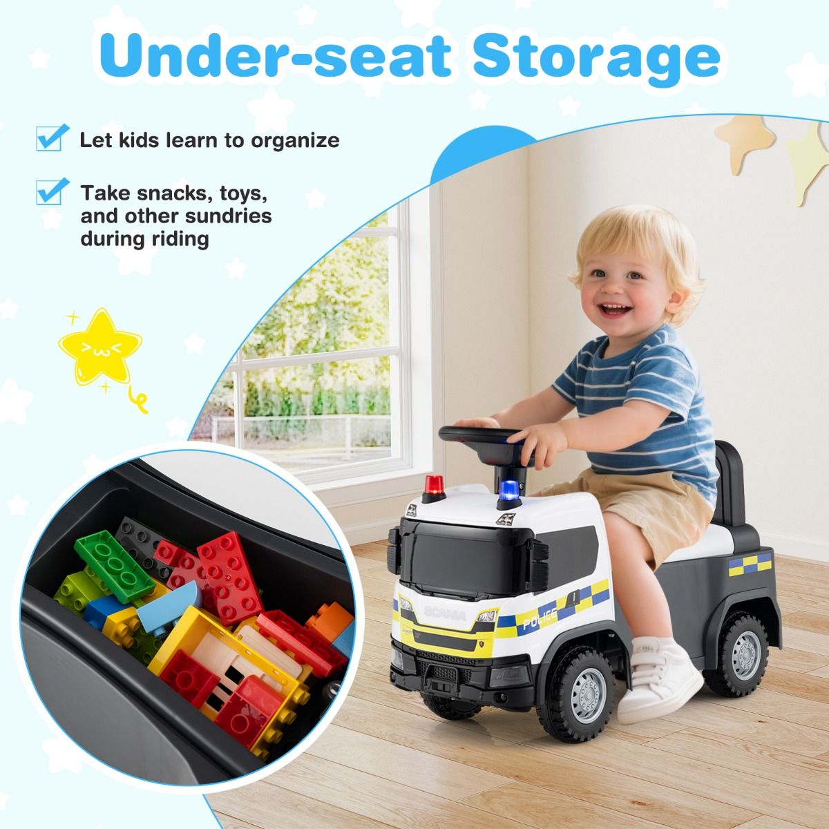 Coast 2-en-1 Voiture de marche Voiture de police avec volant et rangement - Blanc - 59 x 28 x 43 cm