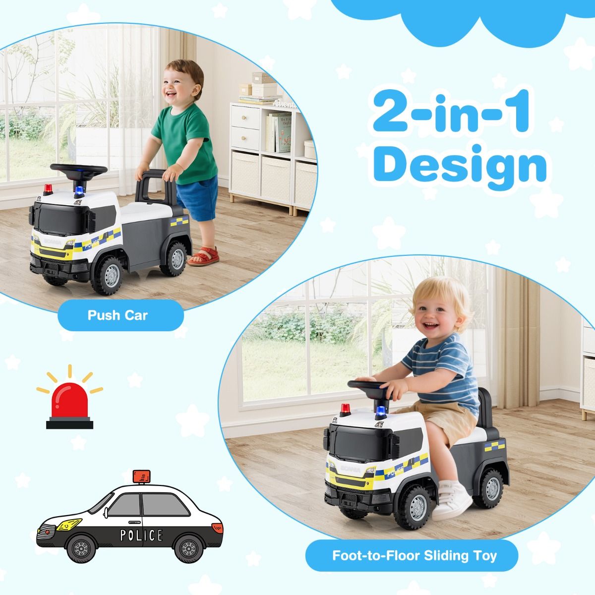 Coast 2-en-1 Voiture de marche Voiture de police avec volant et rangement - Blanc - 59 x 28 x 43 cm