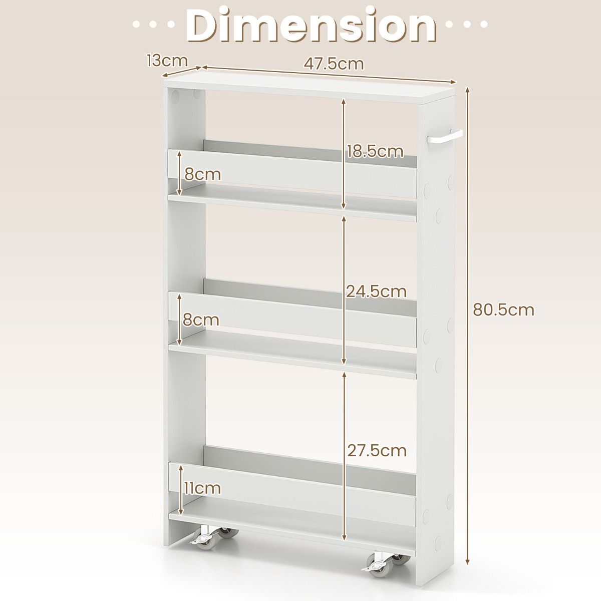 Coast Slim Storage Trolley - 4 niveaux - étroit - mobile - avec étagères ouvertes - blanc - 47,5 x 13 x 80,5 cm