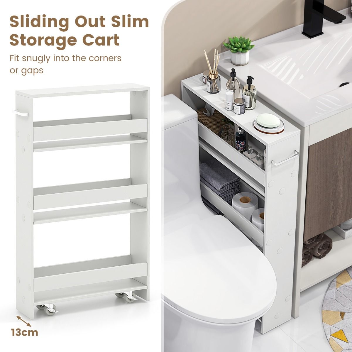 Coast Slim Storage Trolley - 4 niveaux - étroit - mobile - avec étagères ouvertes - blanc - 47,5 x 13 x 80,5 cm