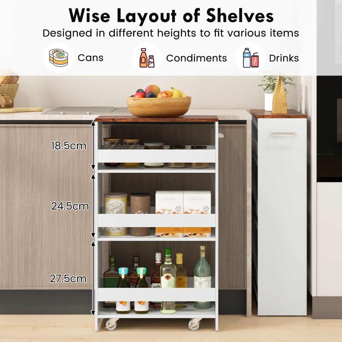 Coast Niche Cart on Wheels 4 Shelves - 47.5 x 20 x 80.5 cm - White Narrow Kitchen Trolley