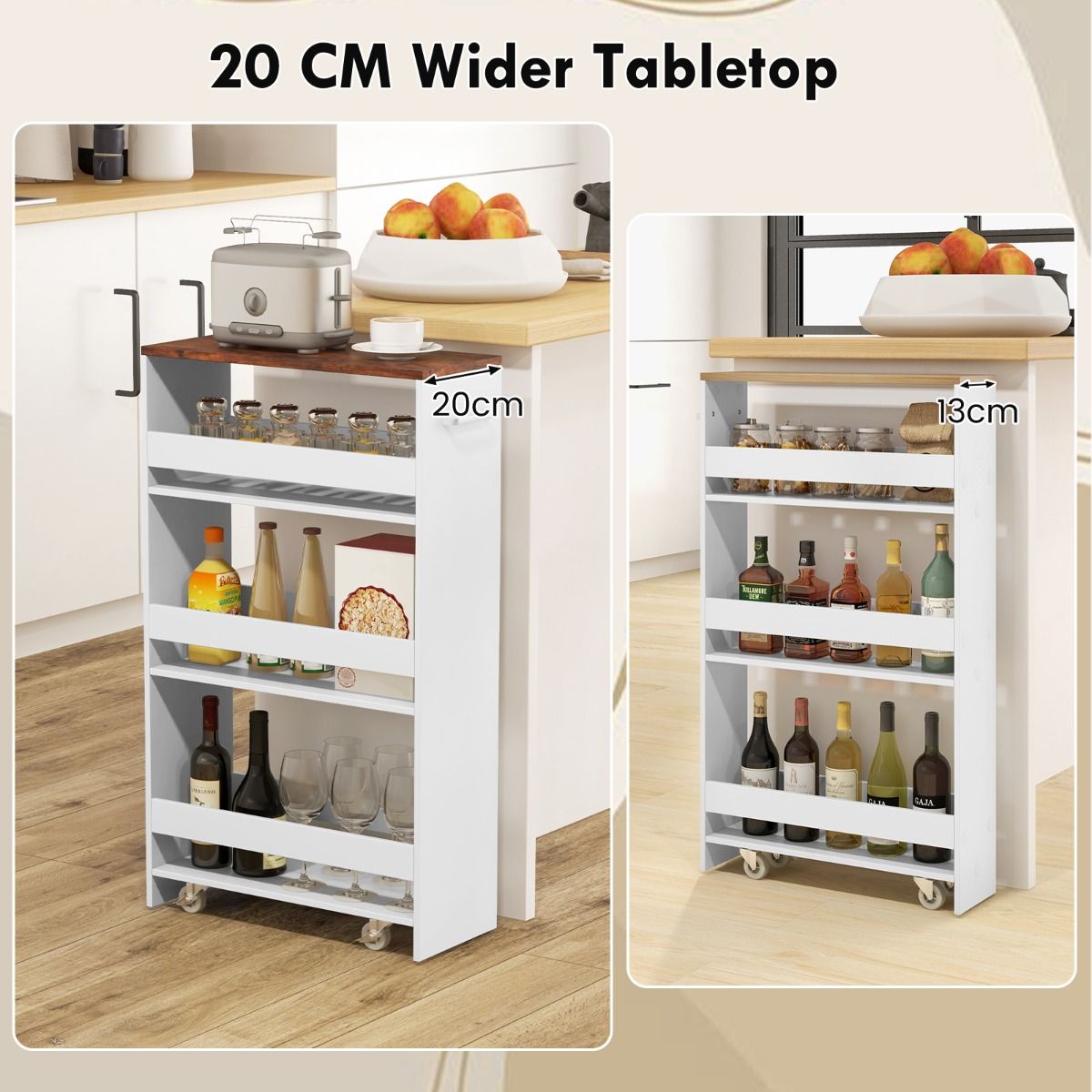 Coast Niche Cart on Wheels 4 Shelves - 47.5 x 20 x 80.5 cm - White Narrow Kitchen Trolley