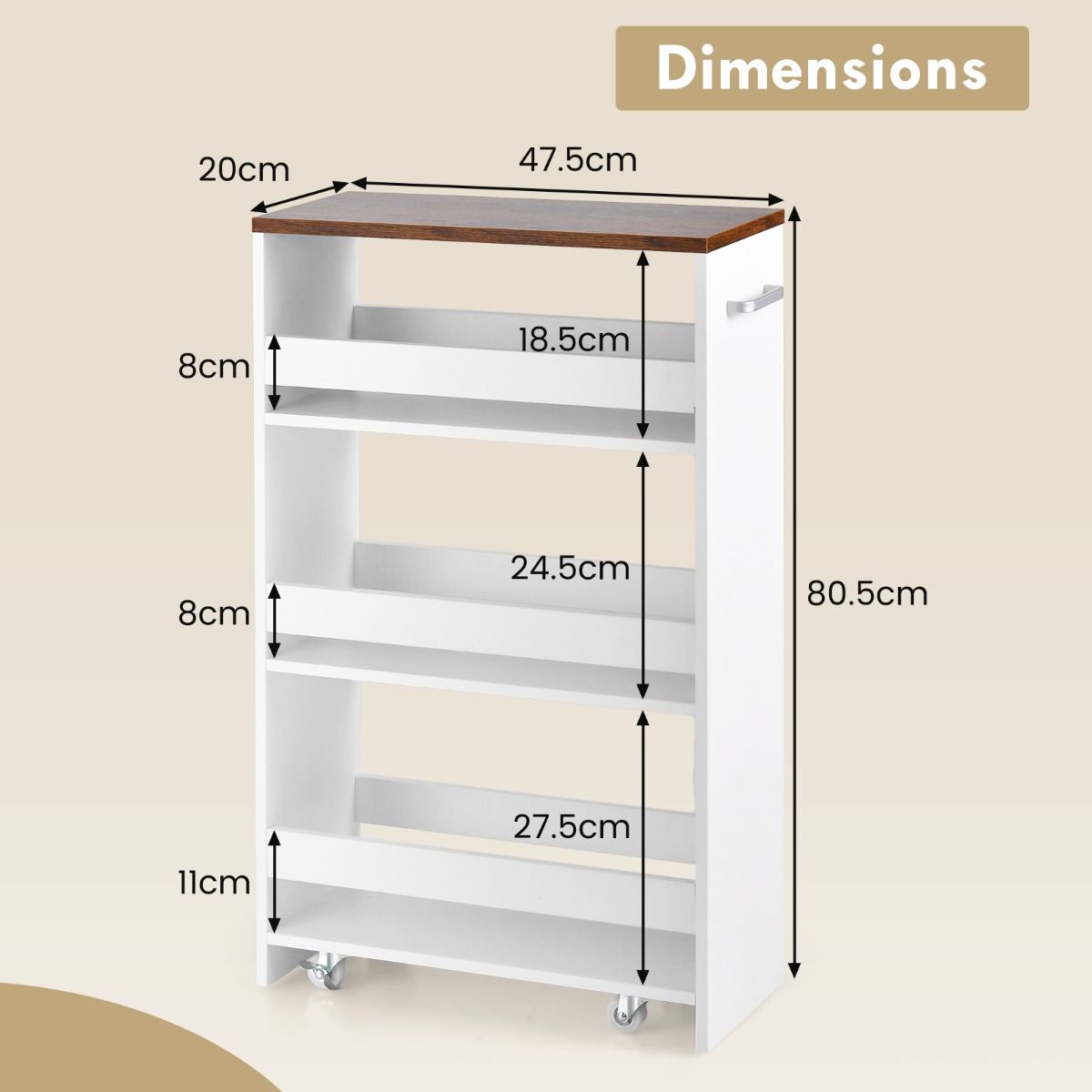 Coast Niche Cart on Wheels 4 Shelves - 47.5 x 20 x 80.5 cm - White Narrow Kitchen Trolley