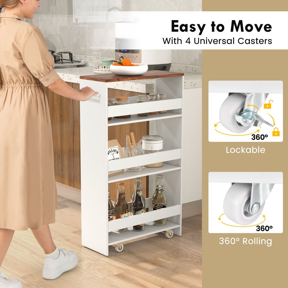 Coast Niche Cart on Wheels 4 Shelves - 47.5 x 20 x 80.5 cm - White Narrow Kitchen Trolley