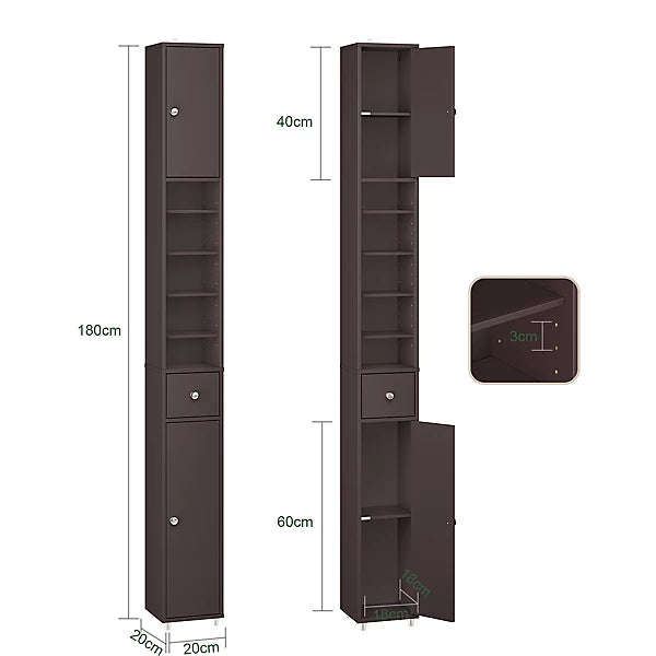 SoBuy Meuble de salle de bain haut et étroit - Meuble de rangement compact avec 6 étagères réglables et un tiroir - 20x20x180 cm - Marron