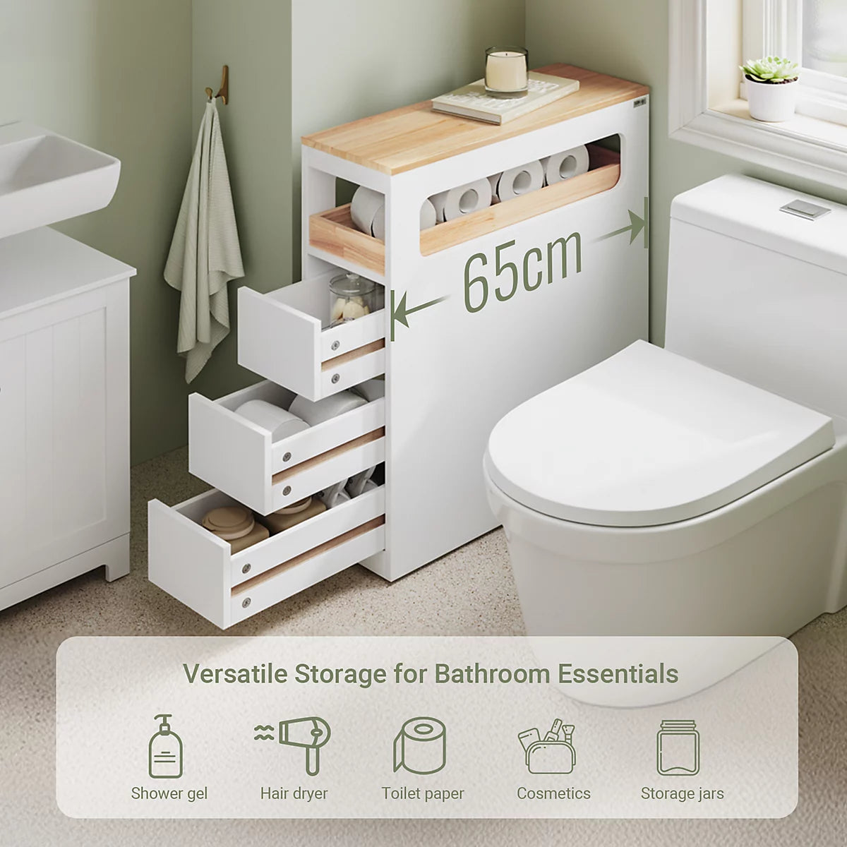 SoBuy - BZR54-II-W Slim Freestanding Bathroom Cabinet - 65 x 23 x 82 cm - équipé de 3 tiroirs et de 4 roulettes et d'une cloison mobile - pour la salle de bains et les toilettes - MDF blanc et bois d'hévéa