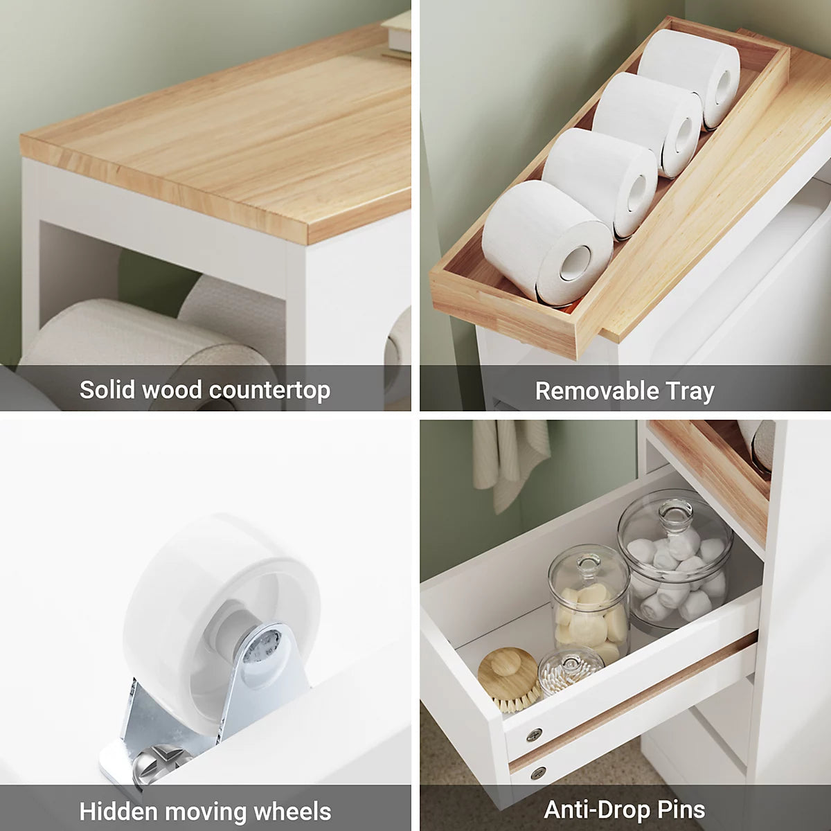 SoBuy - BZR54-II-W Slim Freestanding Bathroom Cabinet - 65 x 23 x 82 cm - équipé de 3 tiroirs et de 4 roulettes et d'une cloison mobile - pour la salle de bains et les toilettes - MDF blanc et bois d'hévéa