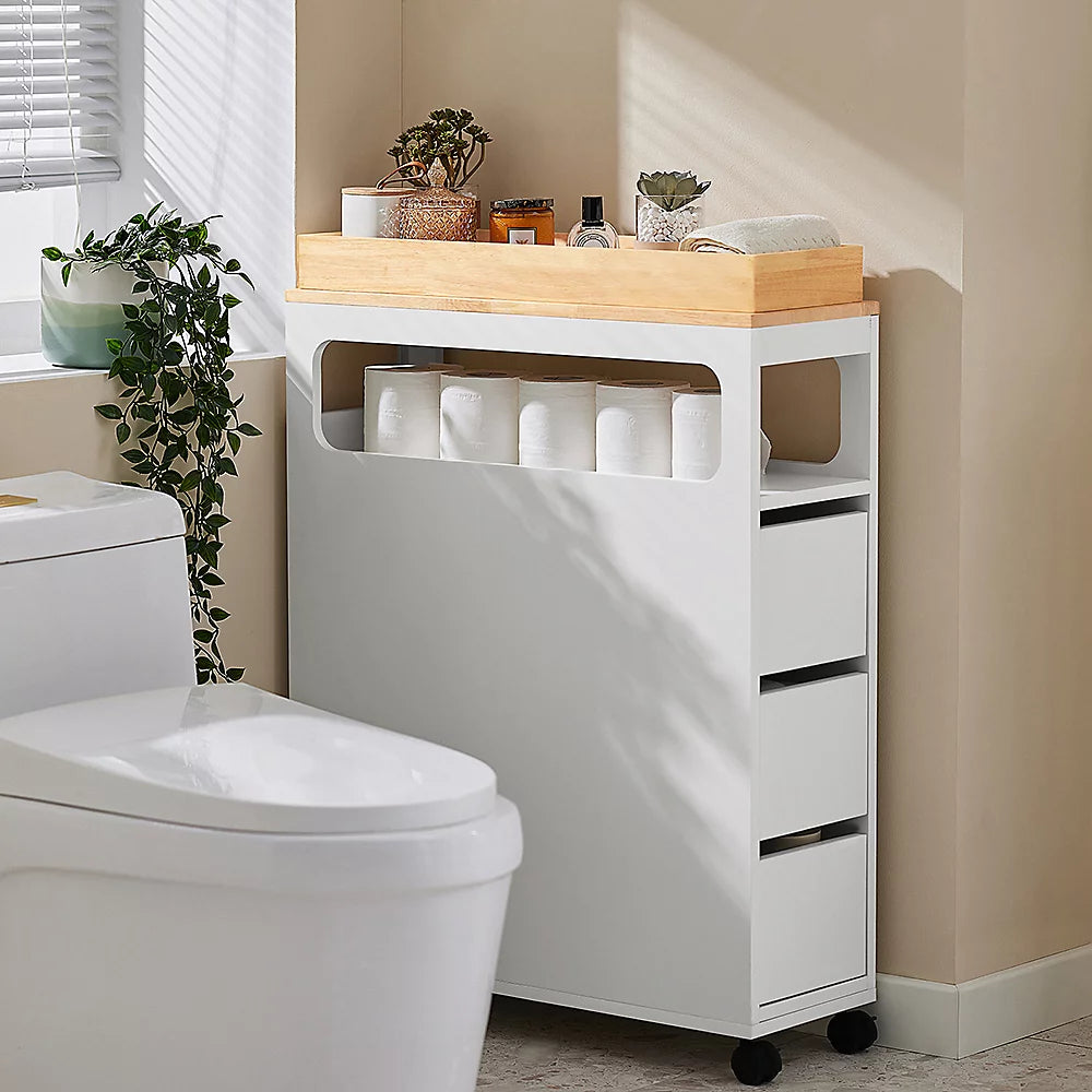 SoBuy - BZR54-II-W Slim Freestanding Bathroom Cabinet - 65 x 23 x 82 cm - équipé de 3 tiroirs et de 4 roulettes et d'une cloison mobile - pour la salle de bains et les toilettes - MDF blanc et bois d'hévéa