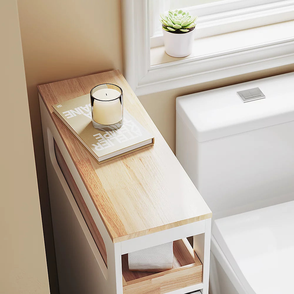 SoBuy - BZR54-II-W Slim Freestanding Bathroom Cabinet - 65 x 23 x 82 cm - équipé de 3 tiroirs et de 4 roulettes et d'une cloison mobile - pour la salle de bains et les toilettes - MDF blanc et bois d'hévéa
