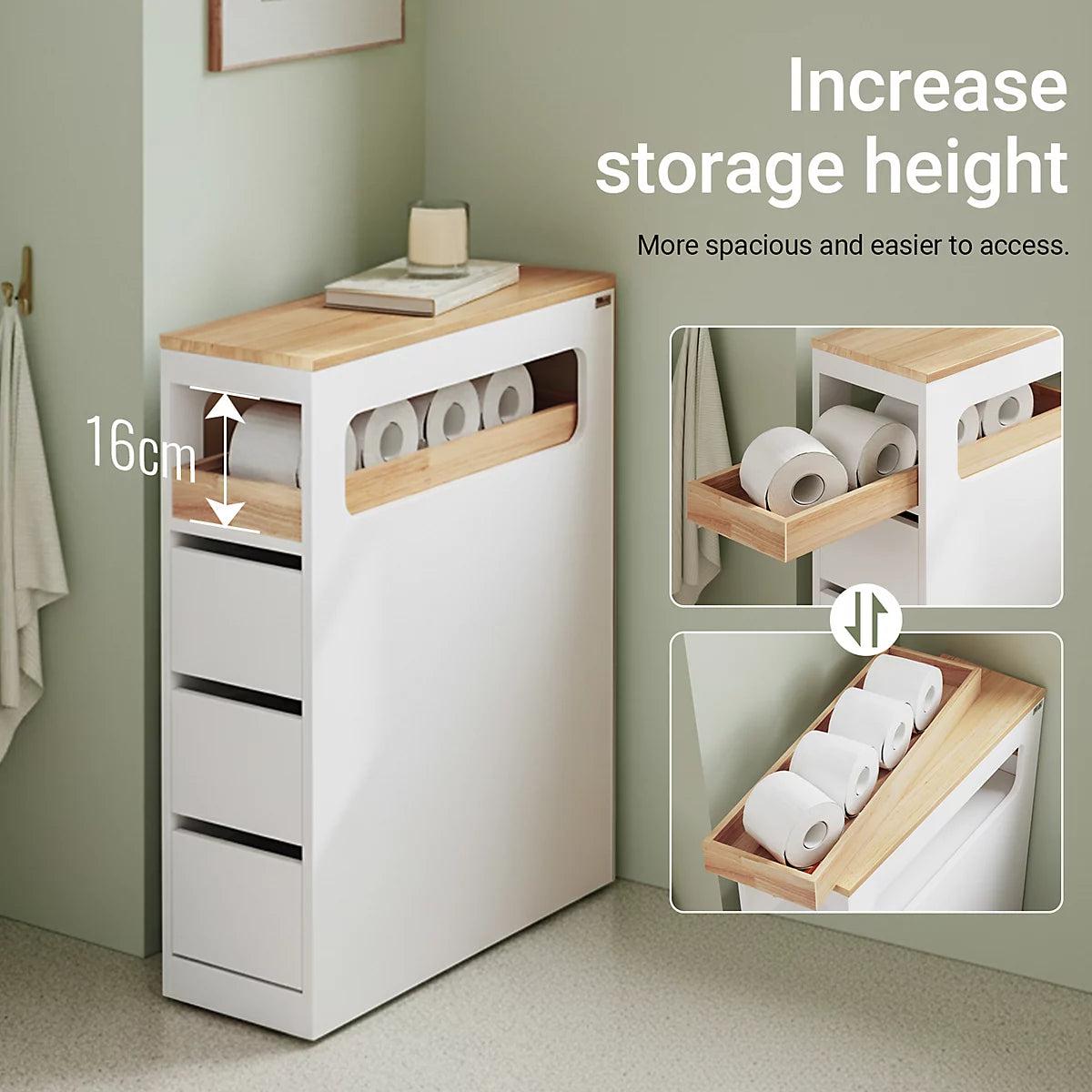 SoBuy - BZR54-II-W Slim Freestanding Bathroom Cabinet - 65 x 23 x 82 cm - équipé de 3 tiroirs et de 4 roulettes et d'une cloison mobile - pour la salle de bains et les toilettes - MDF blanc et bois d'hévéa