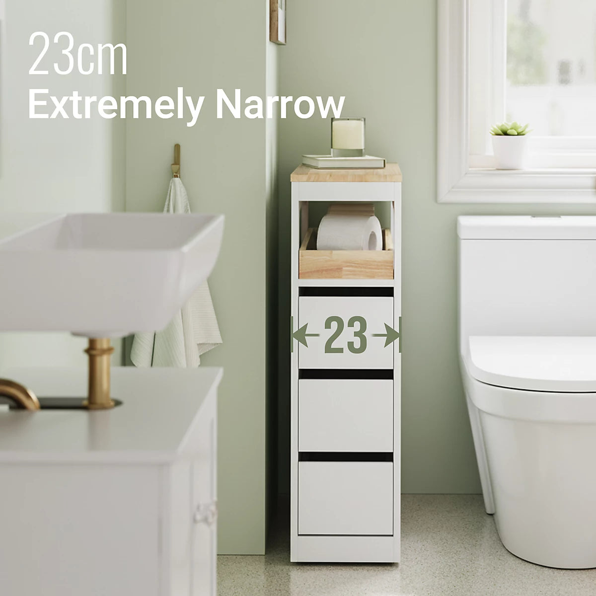 SoBuy - BZR54-II-W Slim Freestanding Bathroom Cabinet - 65 x 23 x 82 cm - équipé de 3 tiroirs et de 4 roulettes et d'une cloison mobile - pour la salle de bains et les toilettes - MDF blanc et bois d'hévéa