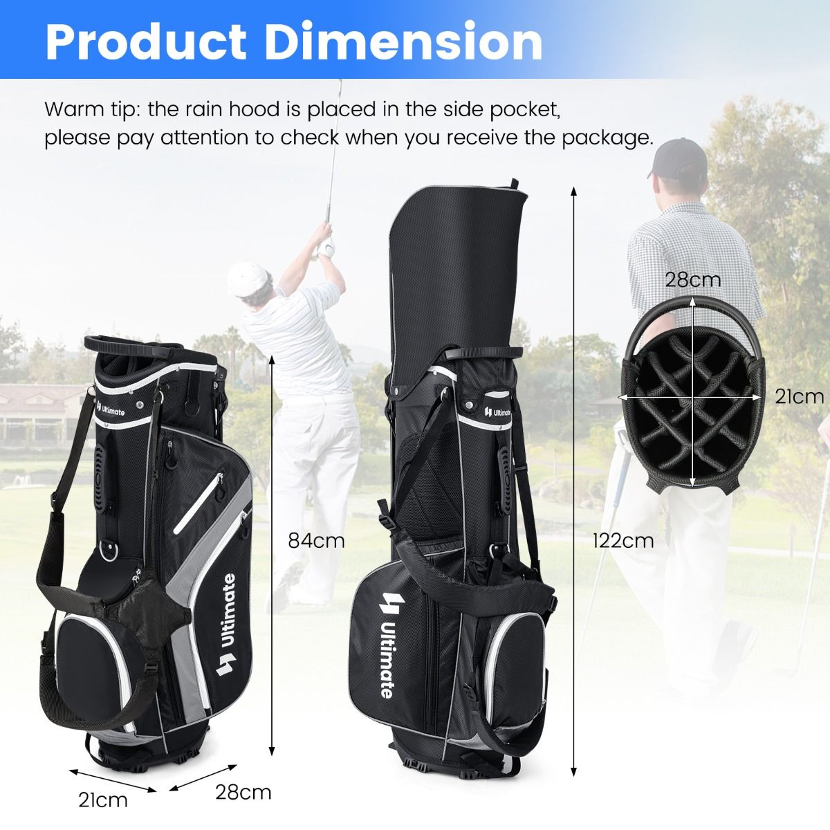 Coast Golf Bag 84x28x21 cm - 14 plis, 6 compartiments, housse de pluie et pieds - Sac de transport léger - Gris/Noir