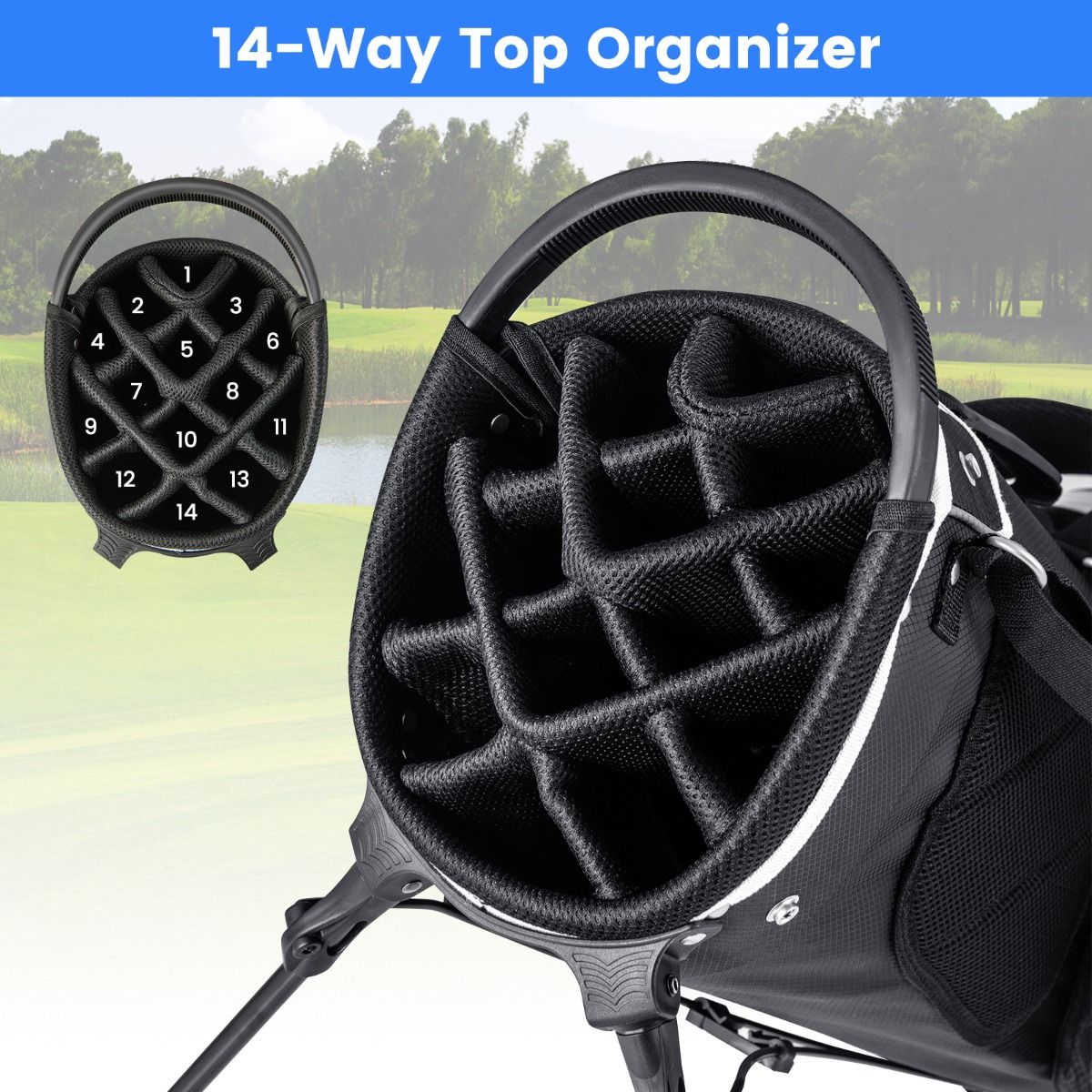 Coast Golf Bag 84x28x21 cm - 14 plis, 6 compartiments, housse de pluie et pieds - Sac de transport léger - Gris/Noir