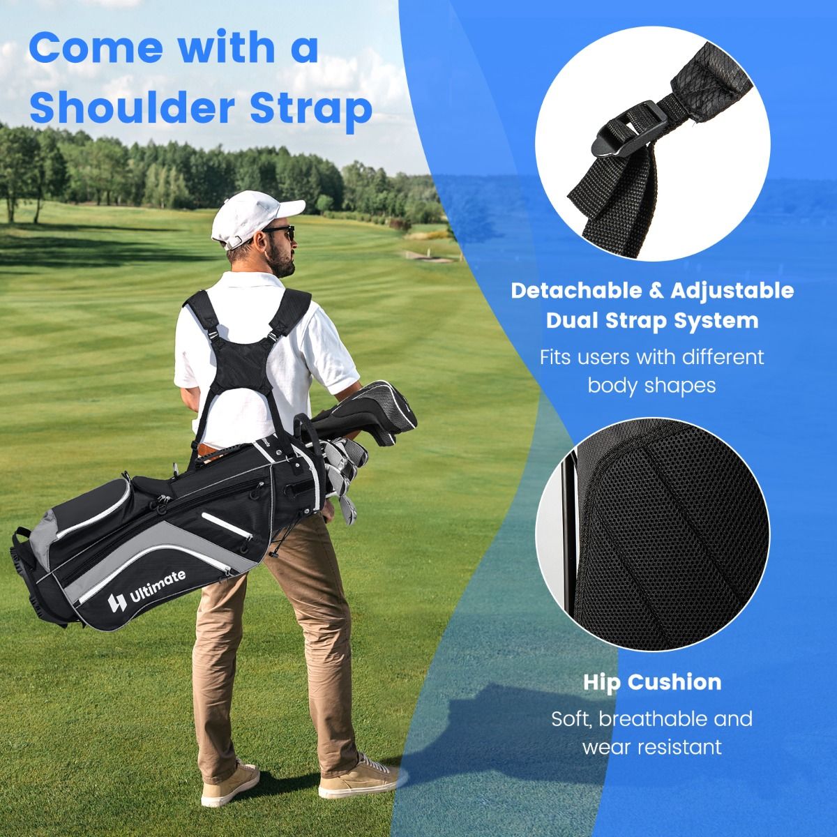 Coast Golf Bag 84x28x21 cm - 14 plis, 6 compartiments, housse de pluie et pieds - Sac de transport léger - Gris/Noir