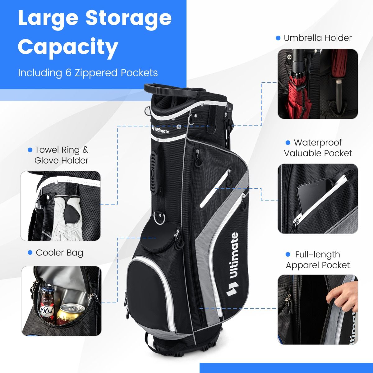 Coast Golf Bag 84x28x21 cm - 14 plis, 6 compartiments, housse de pluie et pieds - Sac de transport léger - Gris/Noir