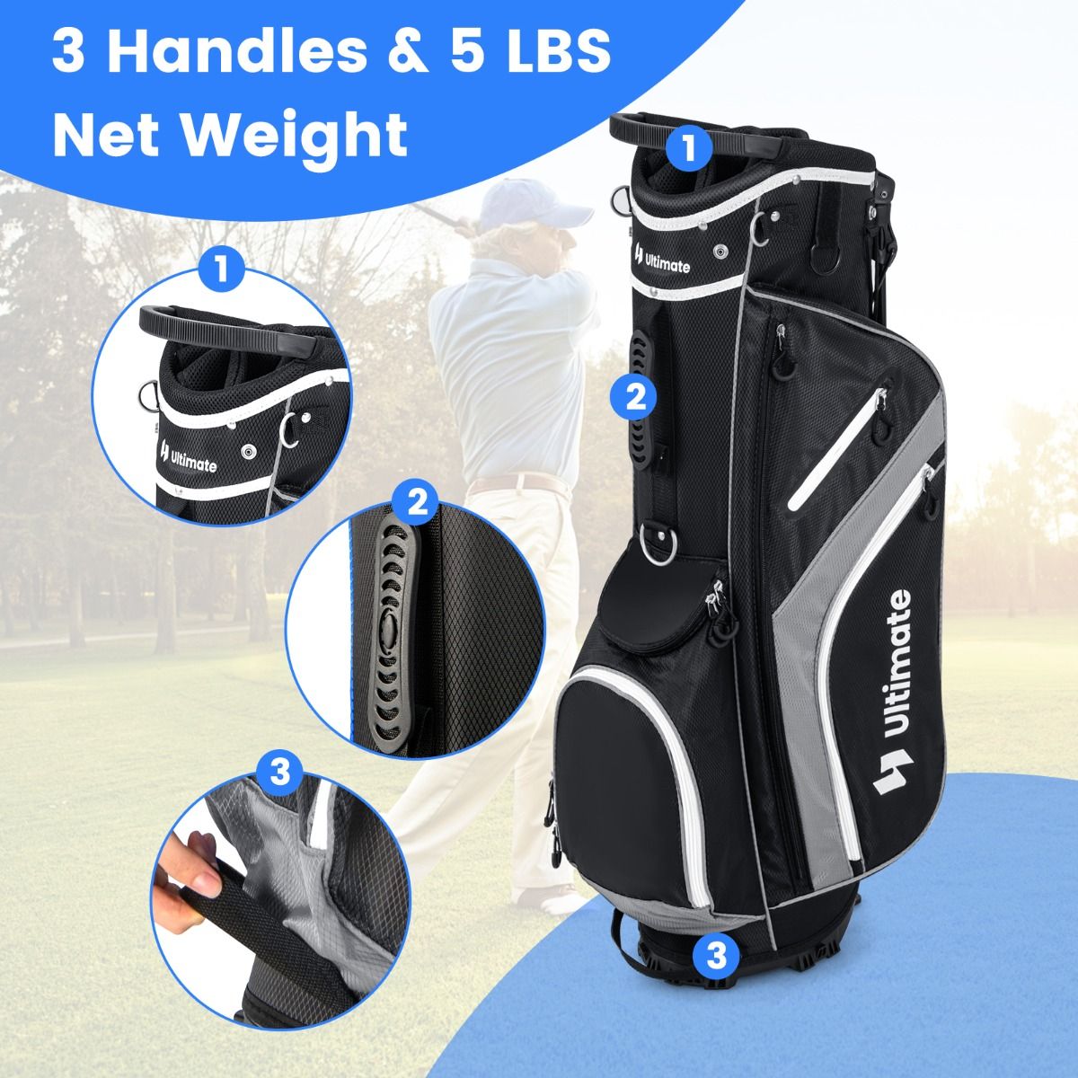 Coast Golf Bag 84x28x21 cm - 14 plis, 6 compartiments, housse de pluie et pieds - Sac de transport léger - Gris/Noir