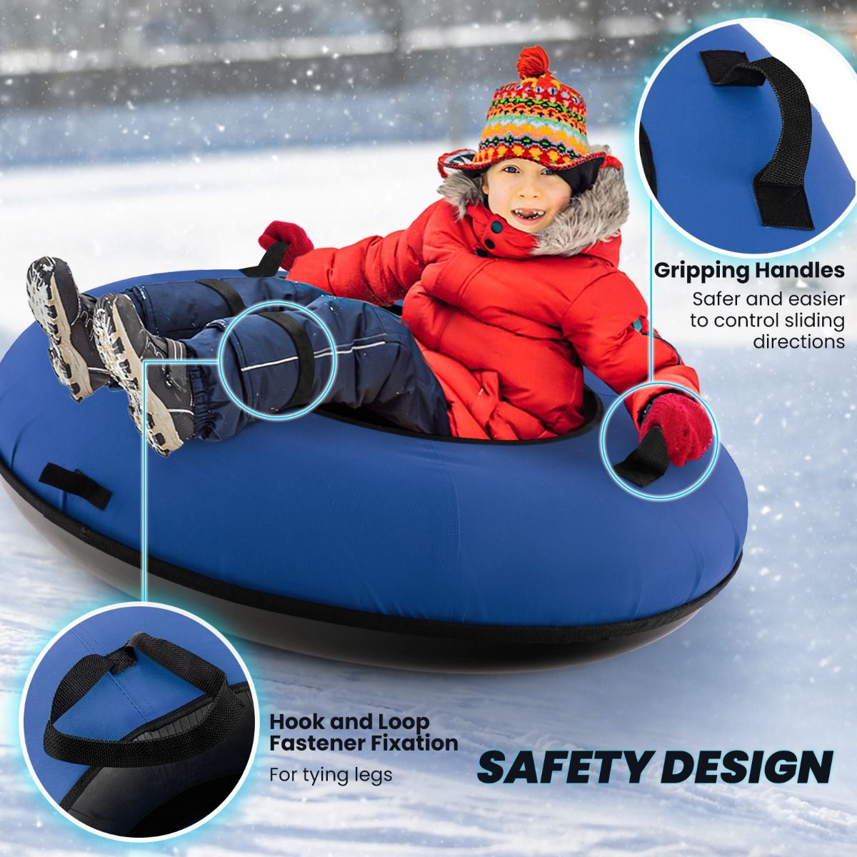 Coast 100 cm Inflatable Snow Sleigh Blue - Durable Oxford - Hard Bottom - Included Seat Pad and Towing Strap