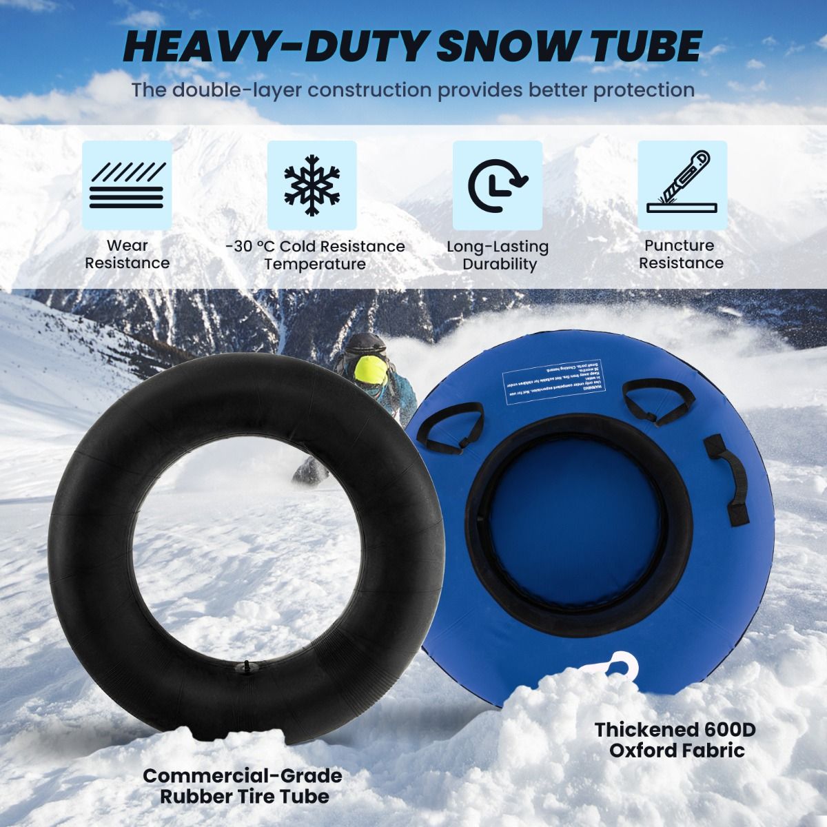 Coast 100 cm Inflatable Snow Sleigh Blue - Durable Oxford - Hard Bottom - Included Seat Pad and Towing Strap