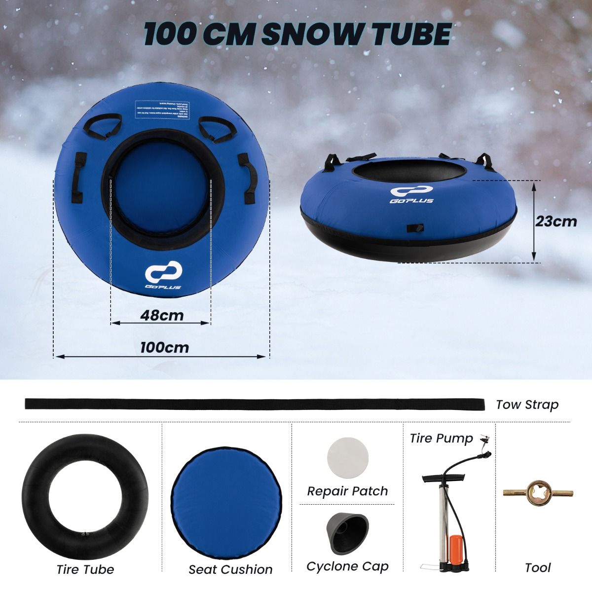 Coast 100 cm Inflatable Snow Sleigh Blue - Durable Oxford - Hard Bottom - Included Seat Pad and Towing Strap